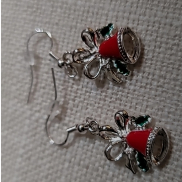 Christmas Bell Holiday Earrings  Red Green Enamel on Silver Ear Wires. NEW - Picture 3 of 7